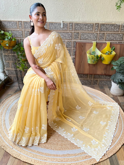 Women's Georgette Yellow Embroidered Designer Saree With Blouse Piece