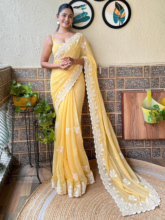 Women's Georgette Yellow Embroidered Designer Saree With Blouse Piece