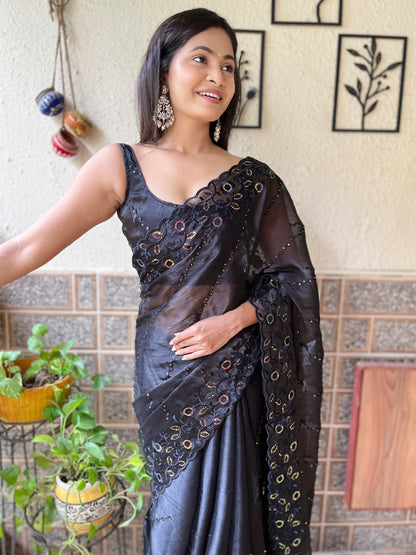 Women's Organza Black Embellished Designer Saree With Blouse Piece