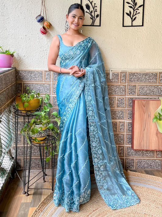 Women's Organza Light Blue Embellished Designer Saree With Blouse Piece