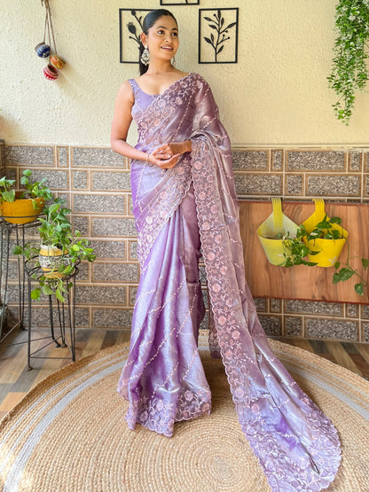 Women's Organza Lavendar Embellished Designer Saree With Blouse Piece