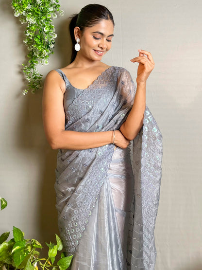 Women's Organza Grey Embellished Designer Saree With Blouse Piece