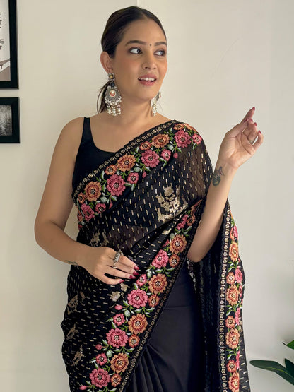 Women's Georgette Black Embellished Designer Saree With Blouse Piece