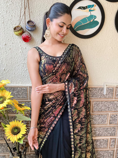 Women's Net Black Embellished Designer Saree With Blouse Piece