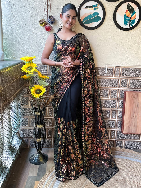 Women's Net Black Embellished Designer Saree With Blouse Piece