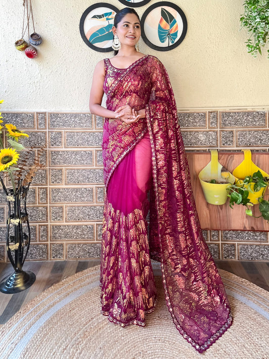 Women's Net Magenta Embellished Designer Saree With Blouse Piece