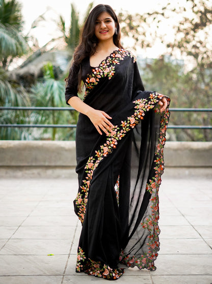 Women's Vichitra Silk Black Embroidered Designer Saree With Blouse Piece