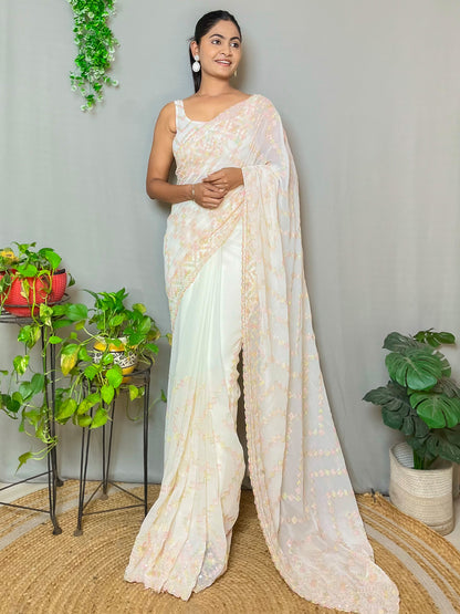 Women's Georgette Cream Embellished Designer Saree With Blouse Piece