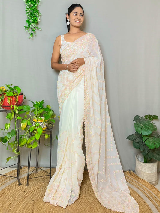 Women's Georgette Cream Embellished Designer Saree With Blouse Piece