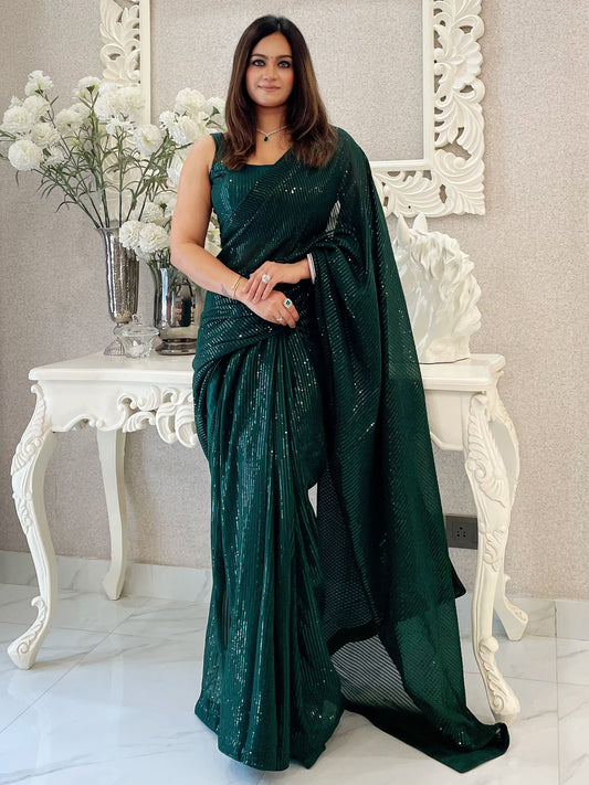 Women's Georgette Green Embellished Designer Saree With Blouse Piece
