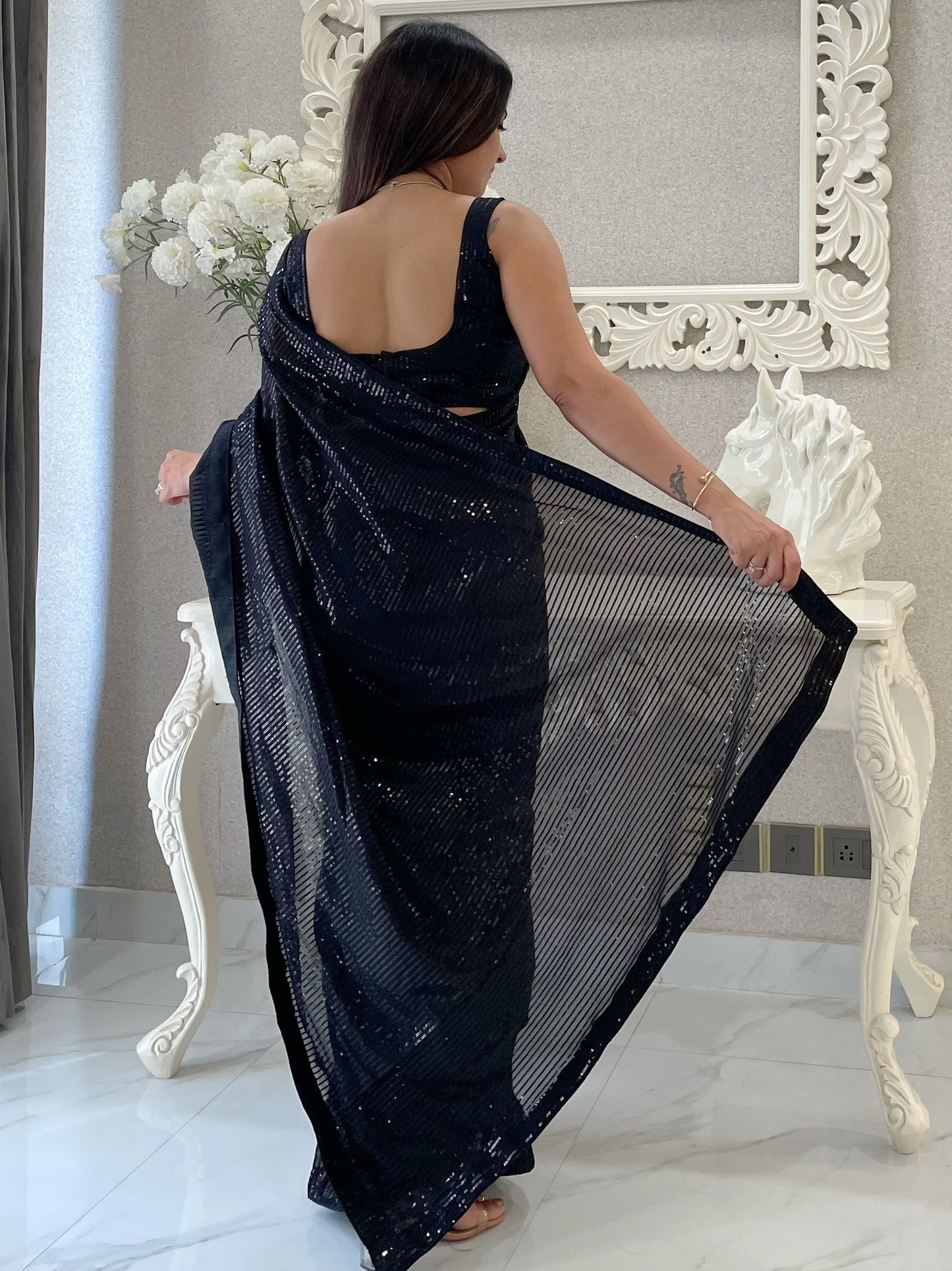 Women's Georgette Black Embellished Designer Saree With Blouse Piece