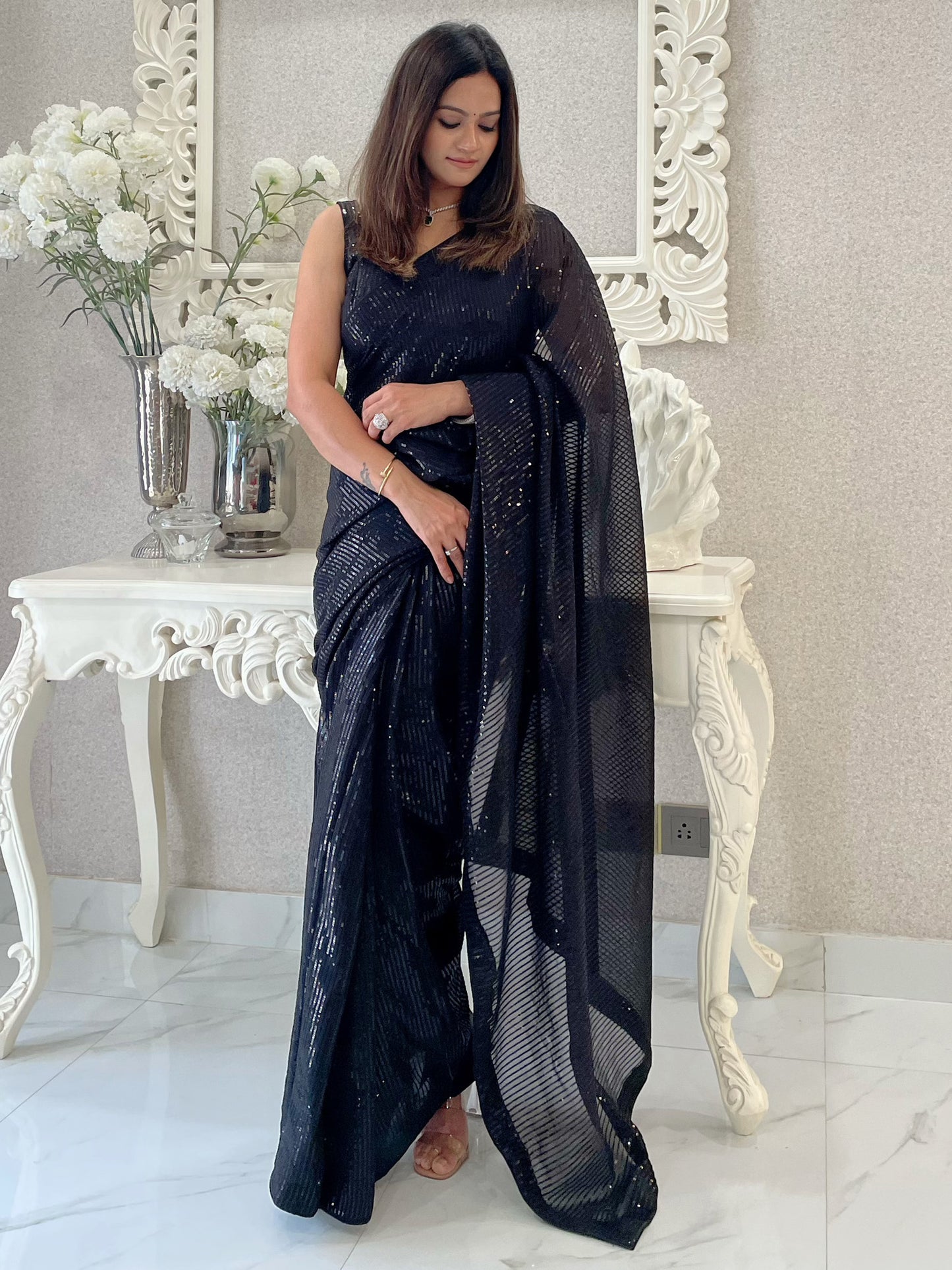 Women's Georgette Black Embellished Designer Saree With Blouse Piece