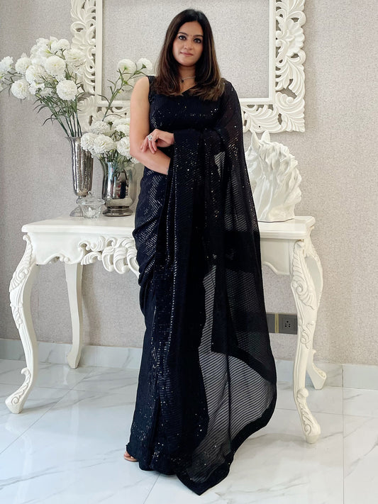 Women's Georgette Black Embellished Designer Saree With Blouse Piece