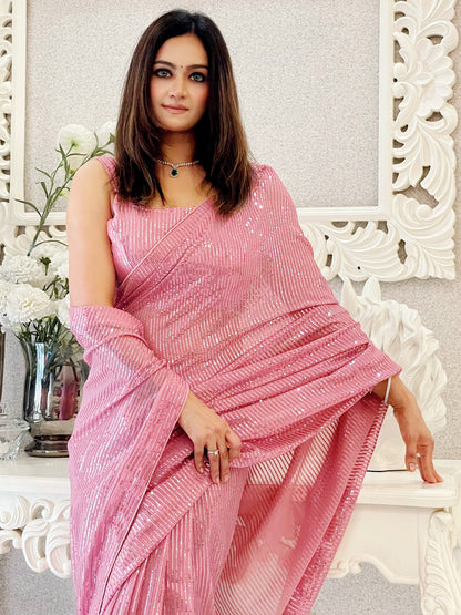 Women's Georgette Pink Embellished Designer Saree With Blouse Piece