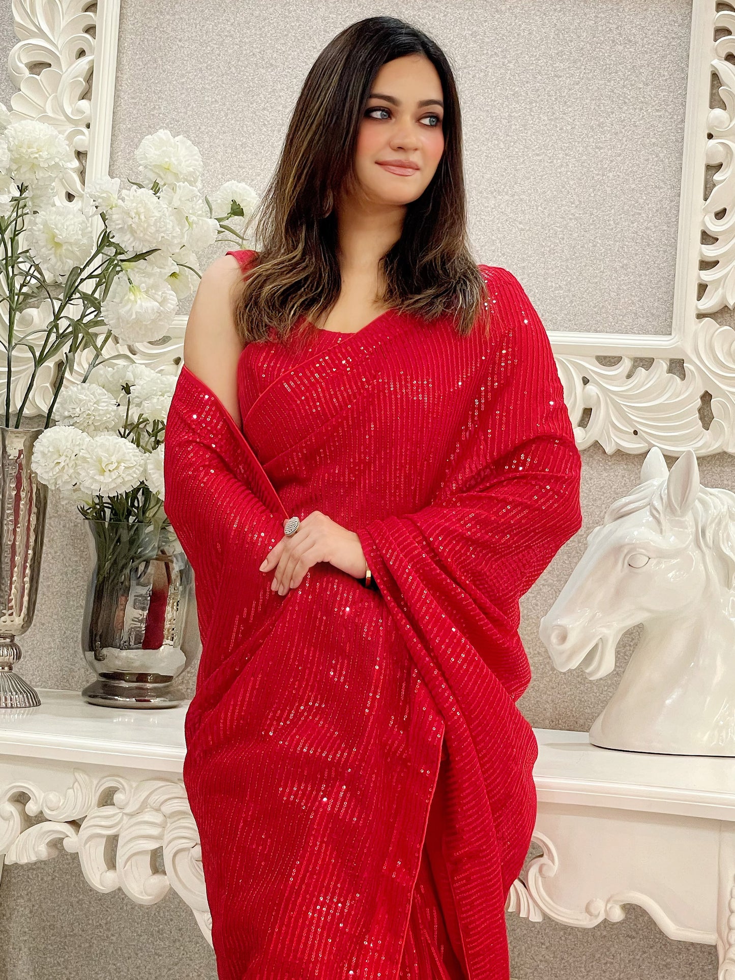 Women's Georgette Red Embellished Designer Saree With Blouse Piece