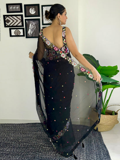 Women's Georgette Black Embellished Designer Saree With Blouse Piece
