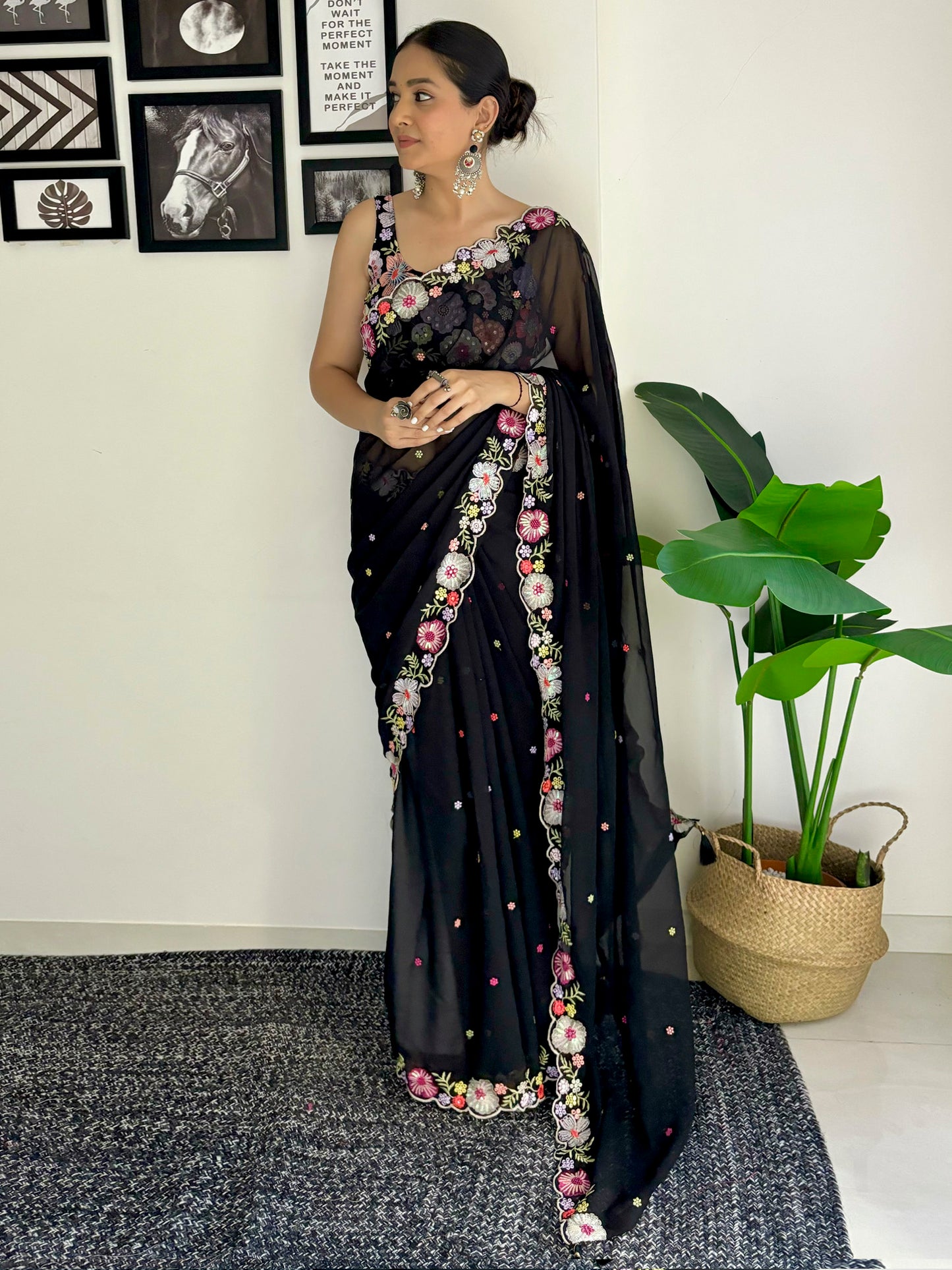 Women's Georgette Black Embellished Designer Saree With Blouse Piece