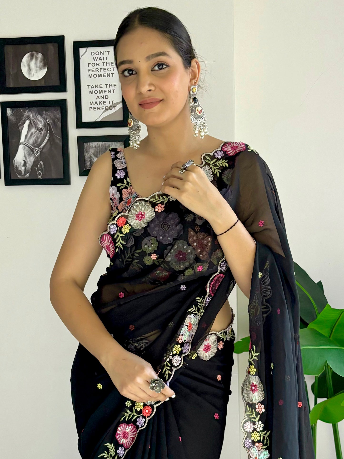 Women's Georgette Black Embellished Designer Saree With Blouse Piece