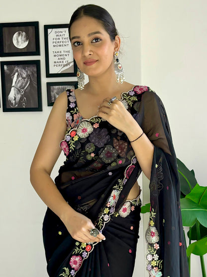 Women's Georgette Black Embellished Designer Saree With Blouse Piece