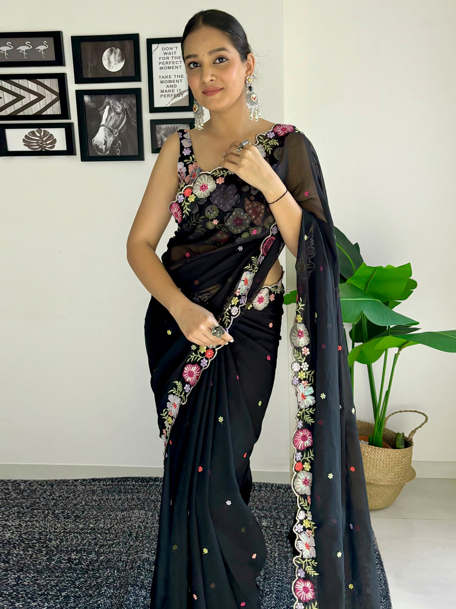 Women's Georgette Black Embellished Designer Saree With Blouse Piece