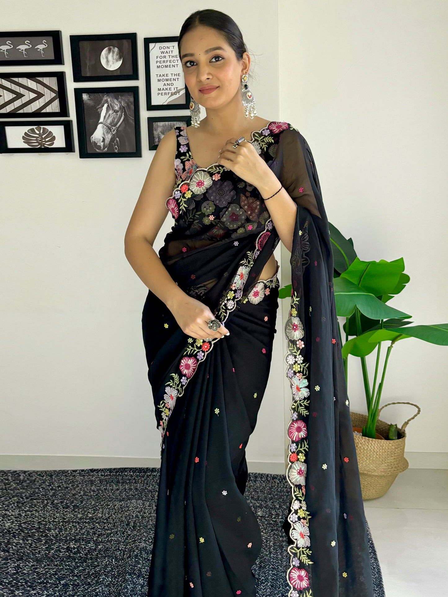 Women's Georgette Black Embellished Designer Saree With Blouse Piece
