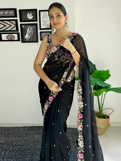 Women's Georgette Black Embellished Designer Saree With Blouse Piece