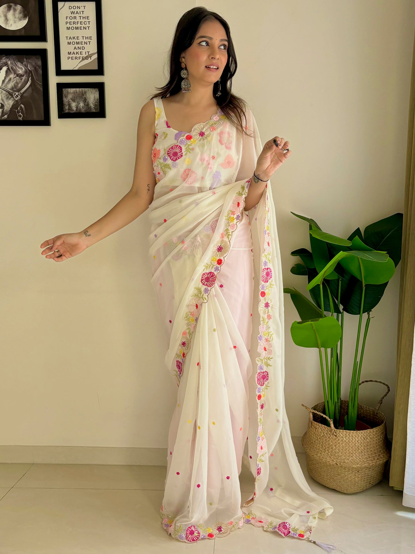 Women's Georgette Off White Embellished Designer Saree With Blouse Piece