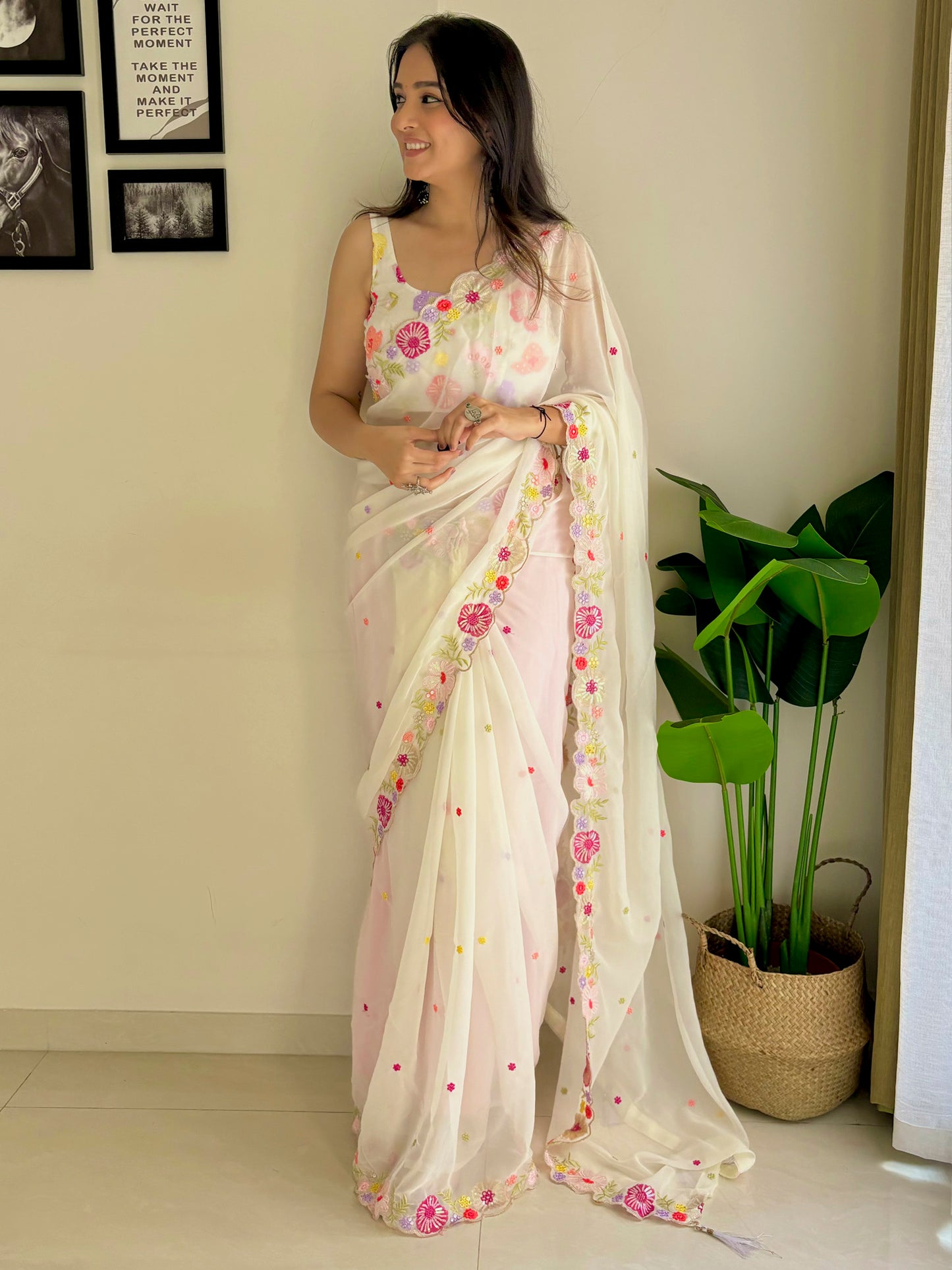 Women's Georgette Off White Embellished Designer Saree With Blouse Piece