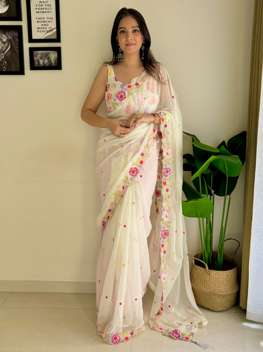 Women's Georgette Off White Embellished Designer Saree With Blouse Piece