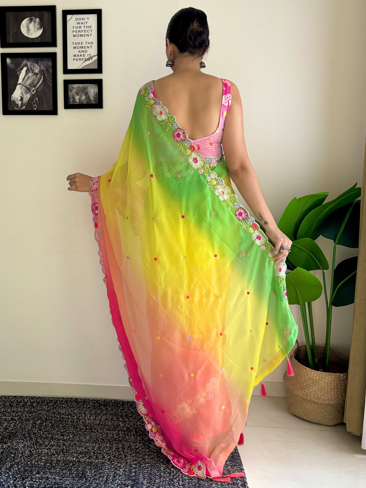 Women's Georgette Multicolored Embellished Designer Saree With Blouse Piece