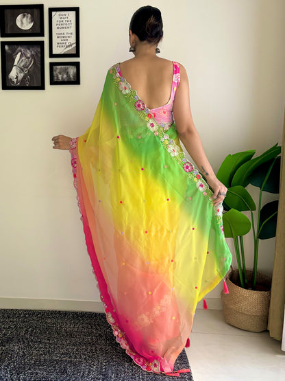 Women's Georgette Multicolored Embellished Designer Saree With Blouse Piece
