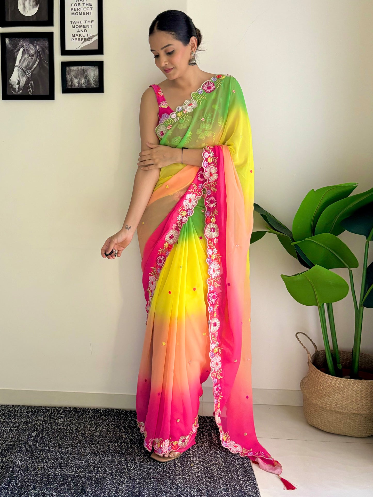 Women's Georgette Multicolored Embellished Designer Saree With Blouse Piece