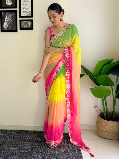 Women's Georgette Multicolored Embellished Designer Saree With Blouse Piece