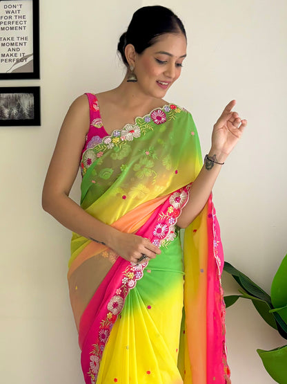 Women's Georgette Multicolored Embellished Designer Saree With Blouse Piece