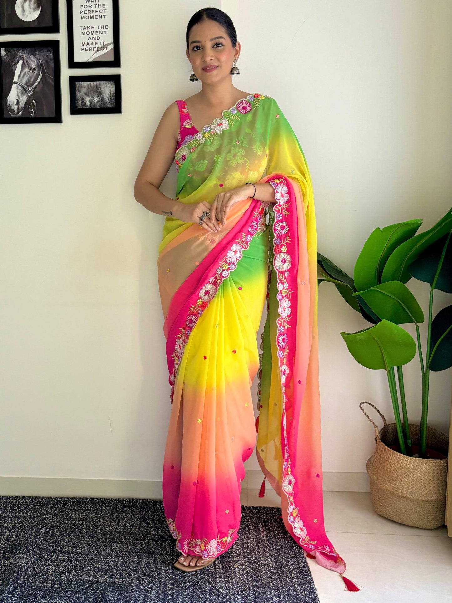 Women's Georgette Multicolored Embellished Designer Saree With Blouse Piece