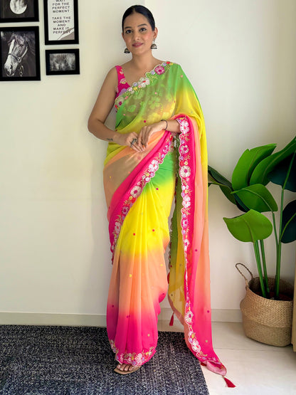 Women's Georgette Multicolored Embellished Designer Saree With Blouse Piece