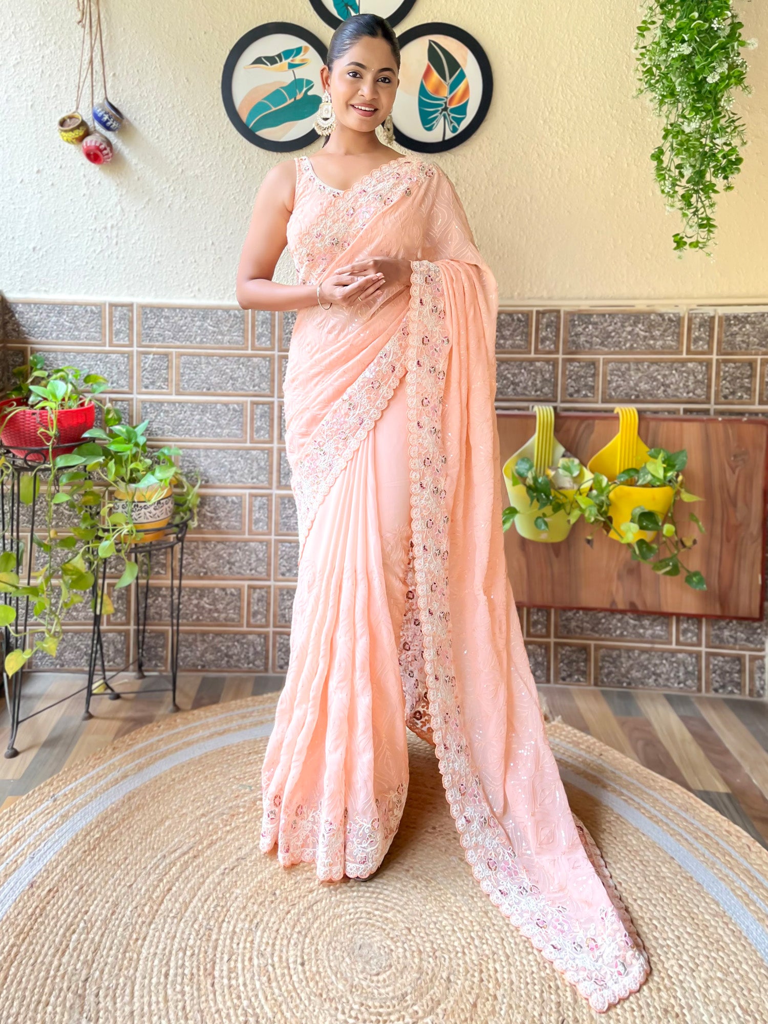 Women's Georgette Peach Embellished Designer Saree With Blouse Piece