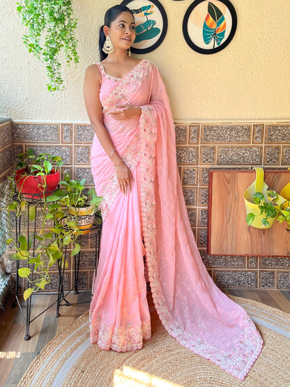 Women's Georgette Pink Embellished Designer Saree With Blouse Piece