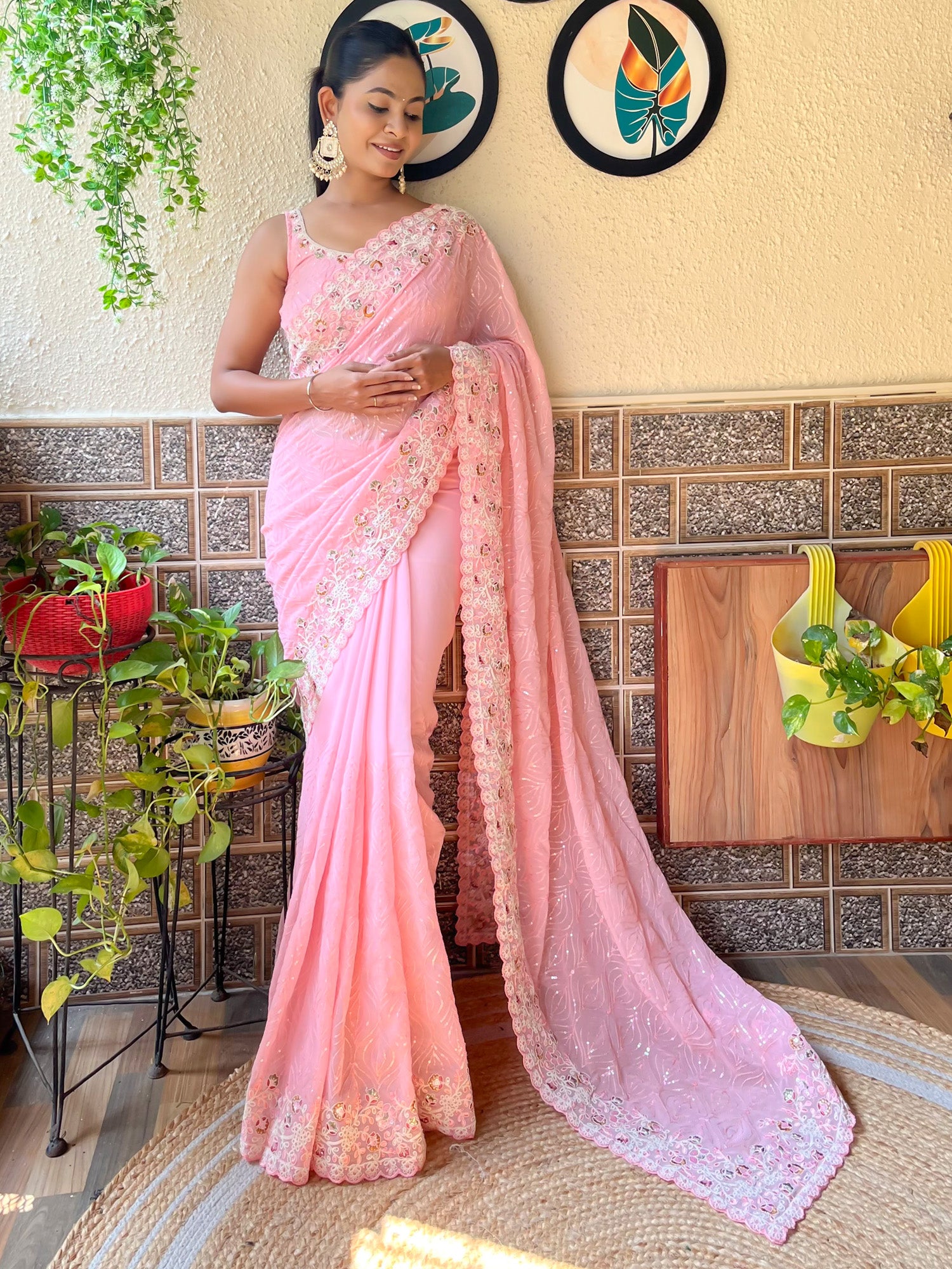 Women's Georgette Pink Embellished Designer Saree With Blouse Piece