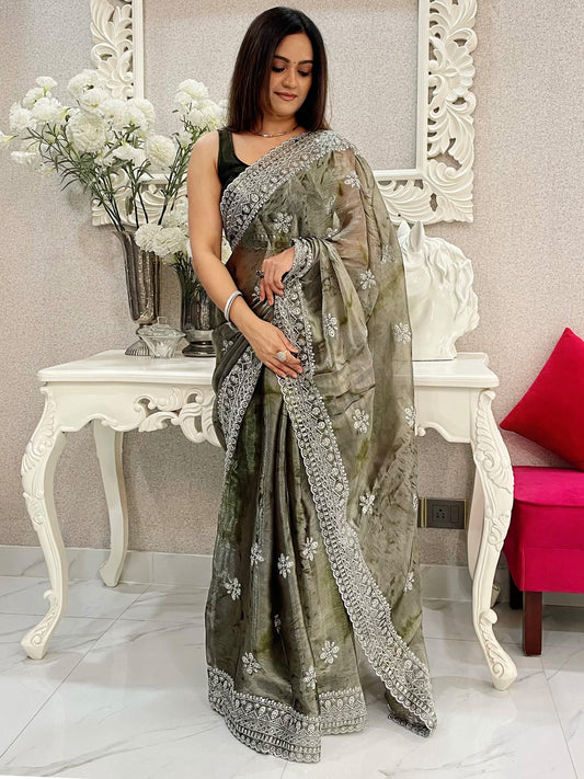 Women's Organza Olive Embroidered Designer Saree With Blouse Piece