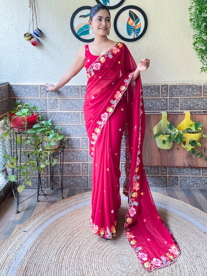 Women's Georgette Red Embroidered Designer Saree With Blouse Piece