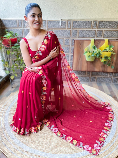 Women's Georgette Red Embroidered Designer Saree With Blouse Piece