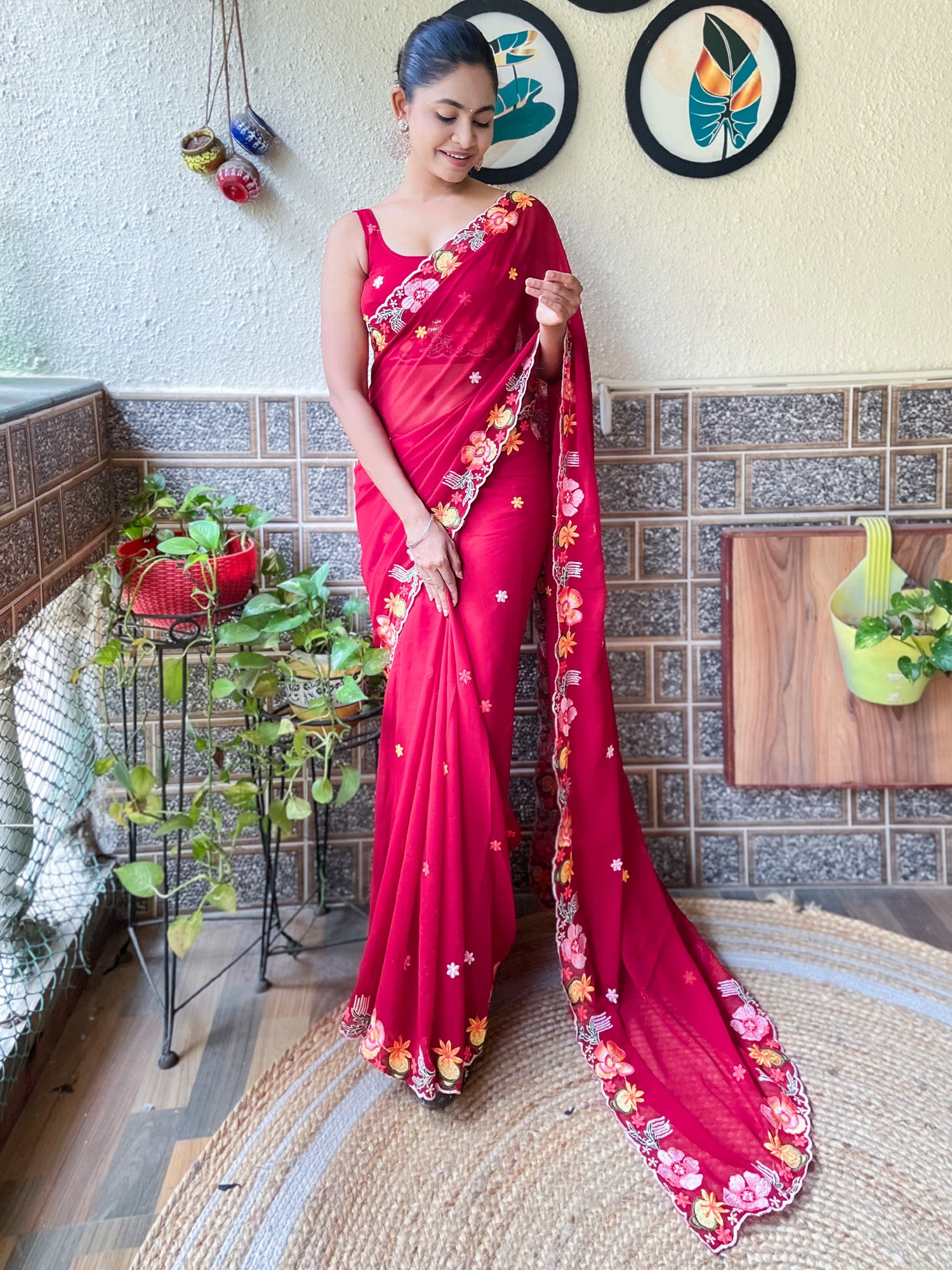 Women's Georgette Red Embroidered Designer Saree With Blouse Piece