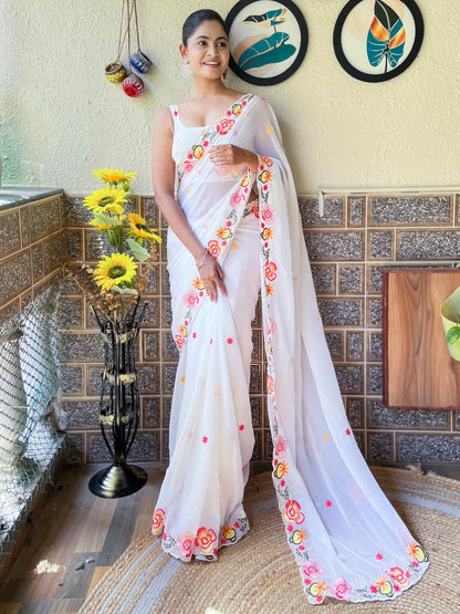 Women's Georgette White Embroidered Designer Saree With Blouse Piece