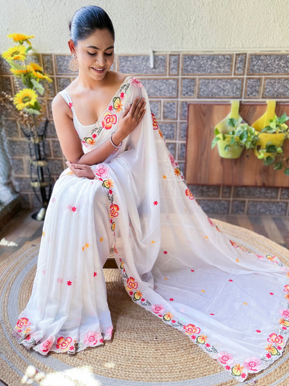 Women's Georgette White Embroidered Designer Saree With Blouse Piece
