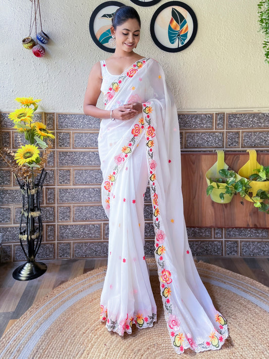 Women's Georgette White Embroidered Designer Saree With Blouse Piece