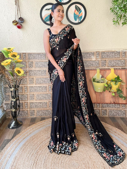 Women's Chiffon Black Embellished Designer Saree With Blouse Piece