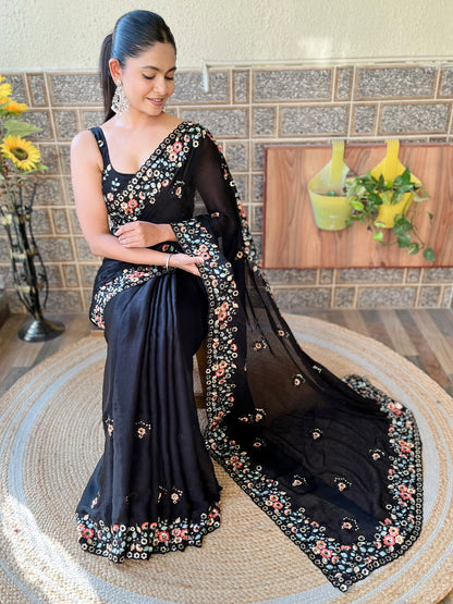 Women's Chiffon Black Embellished Designer Saree With Blouse Piece