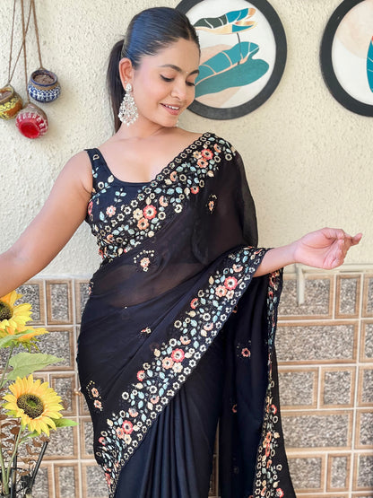 Women's Chiffon Black Embellished Designer Saree With Blouse Piece