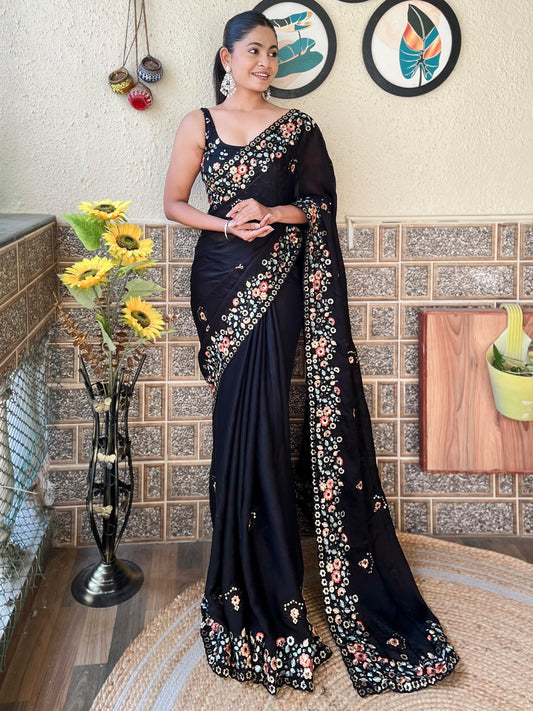 Women's Chiffon Black Embellished Designer Saree With Blouse Piece